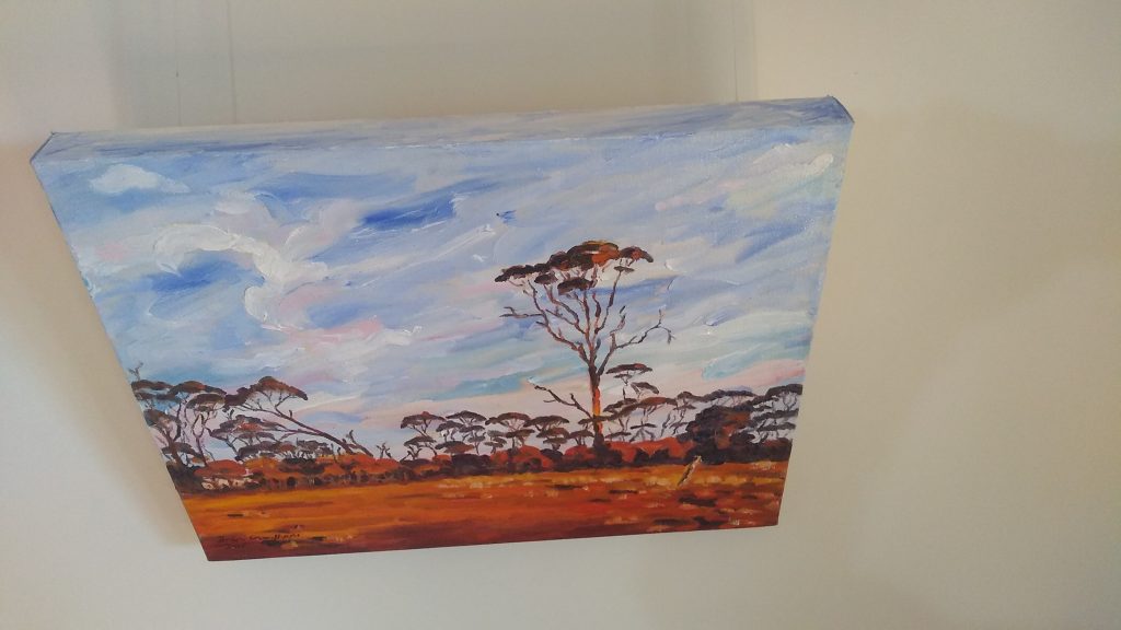 Top view of art original oil painting RAM PADDOCK AT SUNRISE a wheatbelt landscape of red sunrise reflecting off three stories of tree line set in the Western Australian Wheatbelt near Merredin an original oil painting by Brian Carew-Hopkins on VooGlue