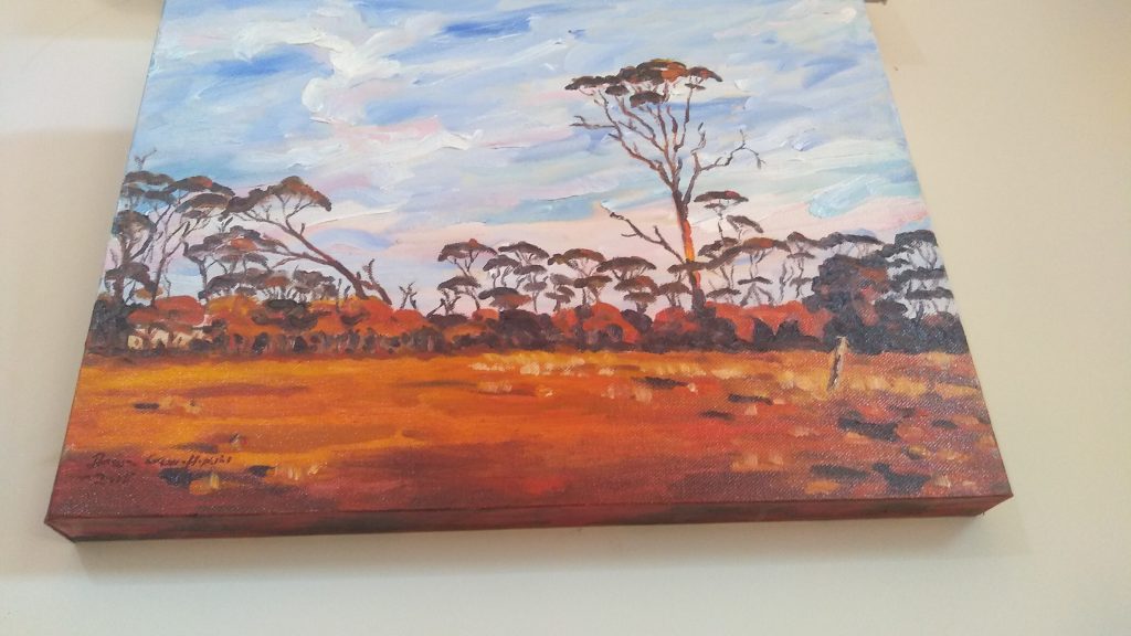 Bottom view of art original oil painting RAM PADDOCK AT SUNRISE a wheatbelt landscape of red sunrise reflecting off three stories of tree line set in the Western Australian Wheatbelt near Merredin an original oil painting by Brian Carew-Hopkins on VooGlue