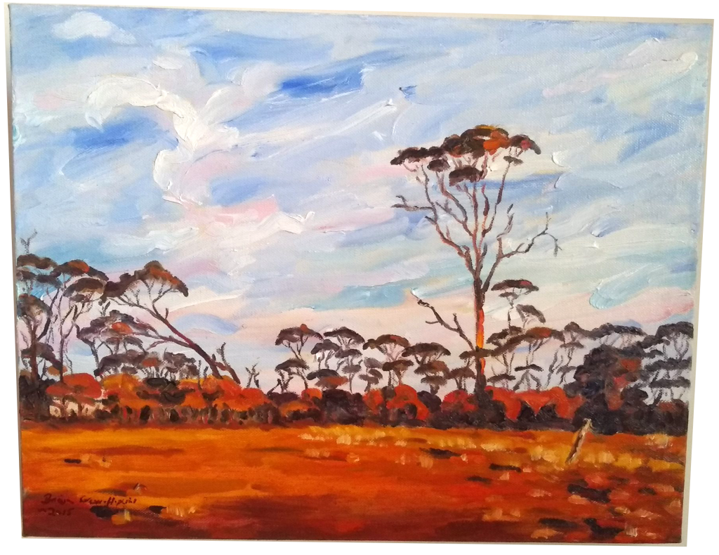 Art original oil painting RAM PADDOCK AT SUNRISE a wheatbelt landscape of red sunrise reflecting off three stories of tree line set in the Western Australian Wheatbelt near Merredin an original oil painting by Brian Carew-Hopkins on VooGlue