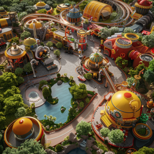 Mindless vacation - an aerial view of a theme park with book and futuristic looking buildings but for mindless people to occuply them selves save for using their minds