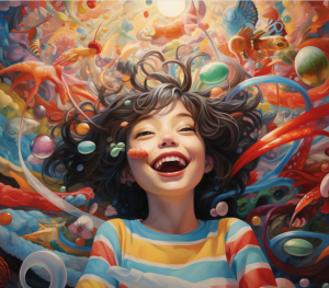 Daughter Inside - Joyous image of a young girl wearing a colourful top with dark hair floating, among abstract bright plants and fruits and with a happy blissful laugh on her face