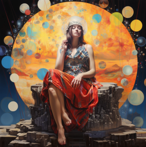 Queen of the cosmos - A lady sits upon a rock stump in front of an abstract oversized moon with many moonlets